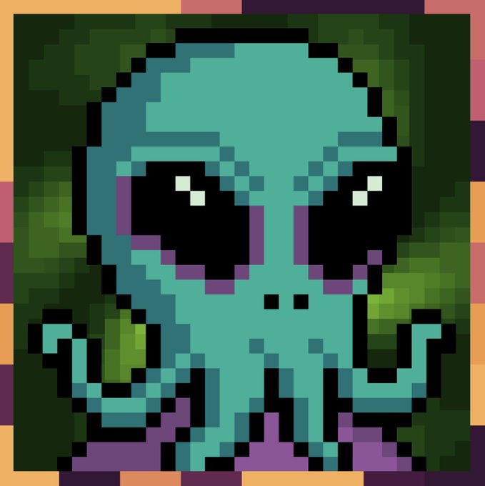 A pixel art image depicting a teal squid-like creature with tentacles against a green and purple pixelated background.