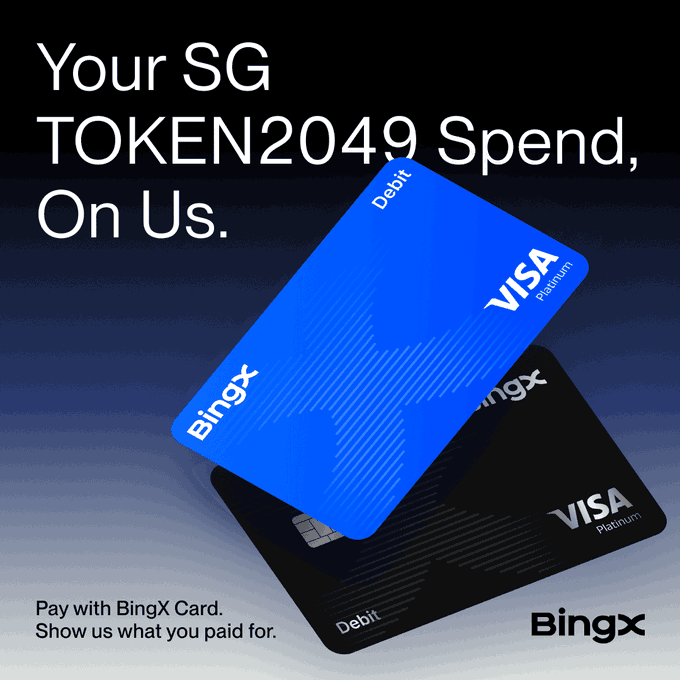 The image is a promotional graphic for BingX featuring two Visa Platinum debit cards (one blue, one black) alongside the text "Your SG TOKEN2049 Spend, On Us" and "Pay with BingX Card. Show us what you paid for," inviting Singapore-based TOKEN2049 attendees to submit receipts of their BingX Card purchases for a chance at reimbursement.