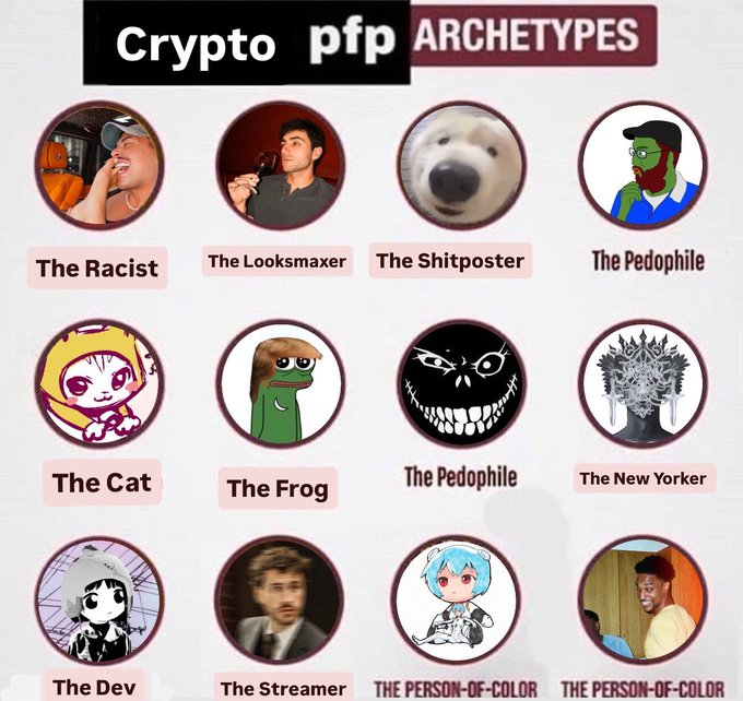 An infographic titled 'Crypto pfp ARCHETYPES' displaying a grid of twelve circular profile picture categories with labels like 'The Racist', 'The Looksmaxer', 'The Shitposter', 'The Pedophile', 'The Cat', 'The Frog', 'The New Yorker', 'The Dev', 'The Streamer', and 'THE PERSON-OF-COLOR'.