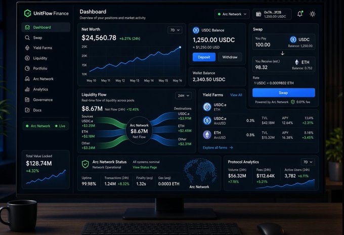 A computer monitor displays the UnitFlow Finance dashboard, showing a Net Worth of $24,560.78, a USDC Balance of 1,250.00, and a swap interface exchanging 100 USDC for 98.32 ETH at a rate of 0.0009832 ETH per USDC, with additional metrics for Liquidity Flow ($8.67M), Yield Farms, and Total Value Locked ($128.74M). The dashboard screenshot visually supports the post by demonstrating active engagement with the UnitFlow Finance platform through its portfolio overview, liquidity tracking, and swap features.
