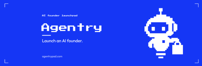 A bold blue graphic advertises Agentry, an "AI founder launchpad" where users can launch an AI founder, with the website "agentrypad.com" displayed beneath a white pixel-art robot mascot. The design ties directly to the announcement of the $AGENTRY token, combining branding for the AI-launching platform with its cute, tech-inspired logo.