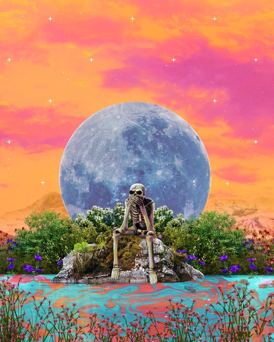 A vibrant collage featuring a large purple moon, a coral sunset sky with stars, and a skeleton sitting contemplatively on a rocky island surrounded by colorful water and lush greenery.