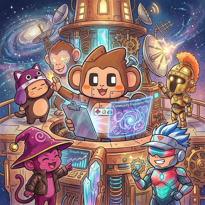 Colorful cartoon illustration of various NFT-style characters (monkey, cat, witch, robot) gathered around a high-tech console displaying a 'Community Frequency Map' and 'Growth Wave' chart.