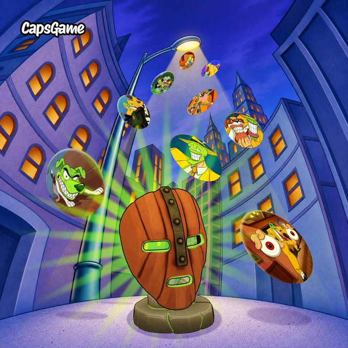 A vibrant cartoon-style digital illustration shows a wooden mask with green glowing eyes mounted on a pedestal in a city street, with floating bubbles containing green goblin-like characters and the watermark 'CapsGame' in the upper left.