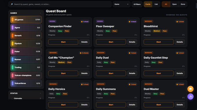 A dark-themed 'Quest Board' interface displaying 194 quests across games like Agora, Denserk, Elysium, and Duel Master, with quests like 'Companion Finder' and 'Daily Duel' marked as 'ASGORA' and 'DENSERK'.