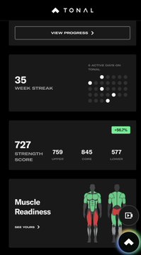 A Tonal fitness app screenshot displaying a 35-day week streak, a strength score of 727, active days on bench tracking, and a muscle readiness body diagram highlighting the quadriceps in red.