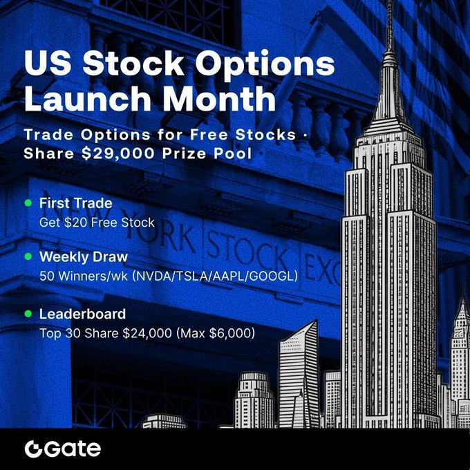 A promotional graphic from Gate announces its "US Stock Options Launch Month," offering a $29,000 prize pool with rewards including a $20 free stock for the first trade, weekly drawings of NVDA/TSLA/AAPL/GOOGL shares for 50 winners, and a top-30 leaderboard sharing $24,000, set against a blue-toned illustration of the New York Stock Exchange and the Empire State Building. The image ties into the post by highlighting AAPL as one of the featured tickers in the weekly drawings, tying the Apple launch event directly into Gate's broader options trading promotion.
