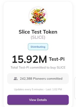 A Pi Network token distribution page for the 'Slice Test Token (SLICE)', showing 15.92M Test-Pi committed to buy SLICE by 242,388 Pioneers, with a 'View Details' button.