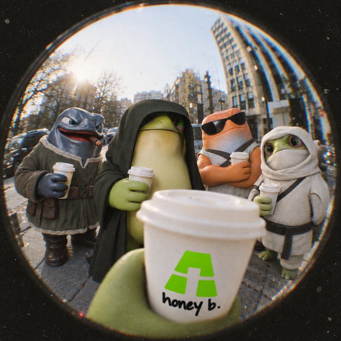 Four costumed Star Wars characters holding coffee cups are photographed through a fisheye lens, with a foreground cup displaying the green 'honey b.' logo.