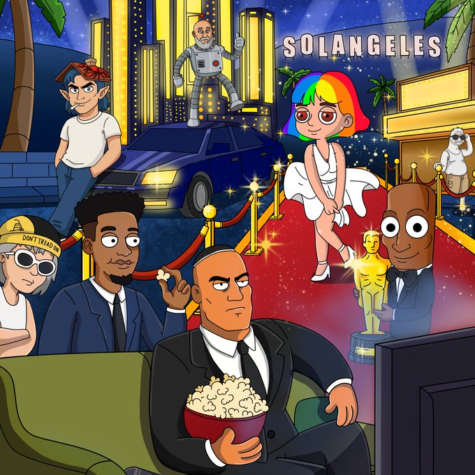 The cartoon image, titled "SOLANGELES," depicts a glamorous red-carpet scene in a starry city featuring a rainbow-haired woman, a man in a suit holding an Oscar-like statue, a suited man watching TV with popcorn, a robot, and other characters—evoking the showbiz and building momentum themes of the post about the crypto project expanding with new artists, website updates, and community airdrops.