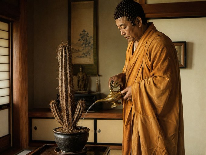 A Buddhist monk in golden-orange robes pours water from an ornate brass vessel onto a tall, dry cactus in a traditional Japanese room with a scroll and Buddha statue.