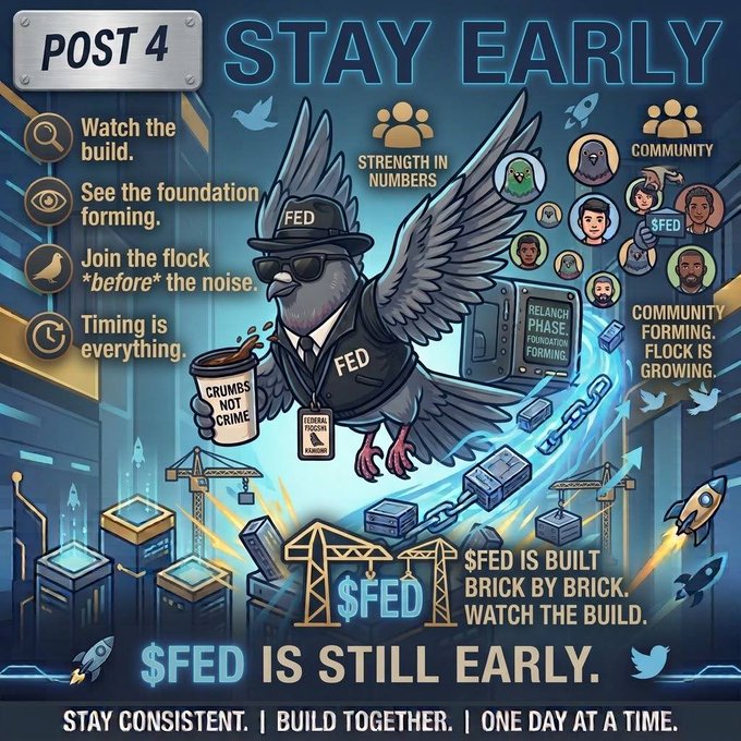A promotional graphic titled "POST 4: STAY EARLY" featuring a pigeon dressed as a Fed agent holding a "CRUMBS NOT CRIME" coffee cup, with the message "$FED IS STILL EARLY" and "STAY CONSISTENT. | BUILD TOGETHER. | ONE DAY AT A TIME."