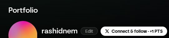 A portfolio header showing the username 'rashidnem' with an Edit button and a 'Connect & follow +1 PTS' option next to a colorful gradient avatar.