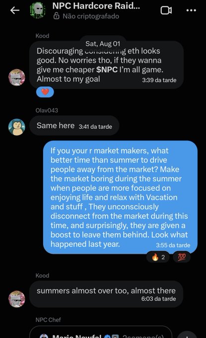 A screenshot of a Telegram chat titled 'NPC Hardcore Raid...' shows messages discussing market makers and summer trading activity, with messages from users 'Kood' and 'Olav043'.