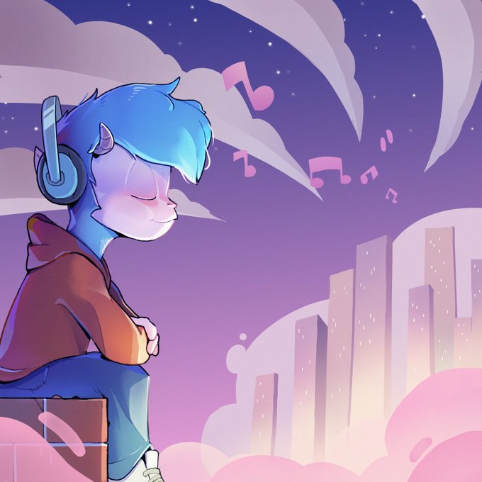 An illustration of a blue-haired character with pointed ears wearing headphones, sitting on a rooftop at twilight, listening to music with pink musical notes floating toward a pastel city skyline.