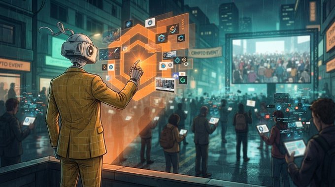 A digital illustration of a person in a yellow checkered suit wearing a VR/antenna headset, interacting with a floating orange cube surrounded by crypto logos and screens showing 'CRYPTO EVENT' in a futuristic city.