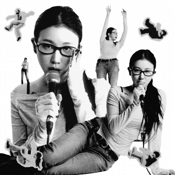 A black and white artistic collage showing multiple images of a woman wearing glasses and holding a microphone, with abstract halftone graphic elements scattered throughout.