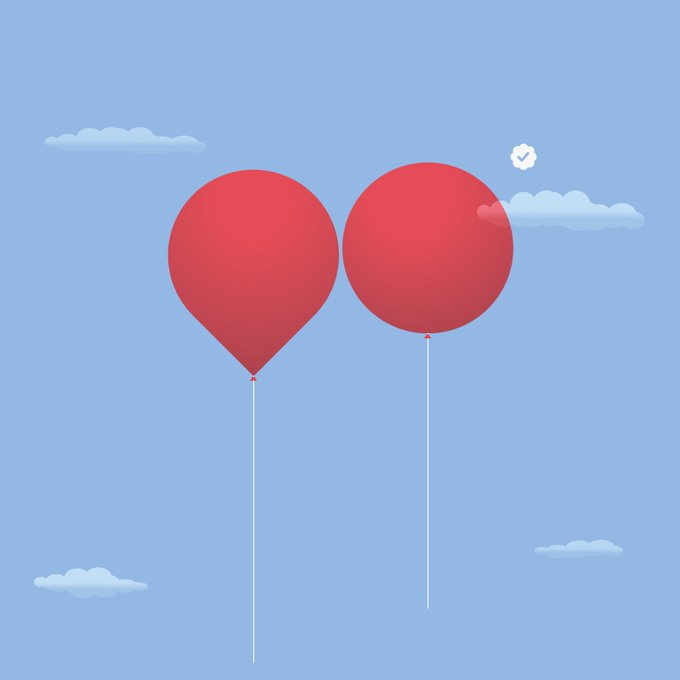 An illustration shows two red balloons floating against a light blue sky with stylized clouds and a small checkmark badge.