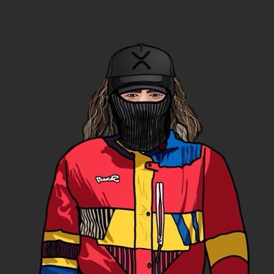 A digital illustration of a person wearing a black cap with an X logo, a black face mask, and a colorful red, yellow, and blue jacket.