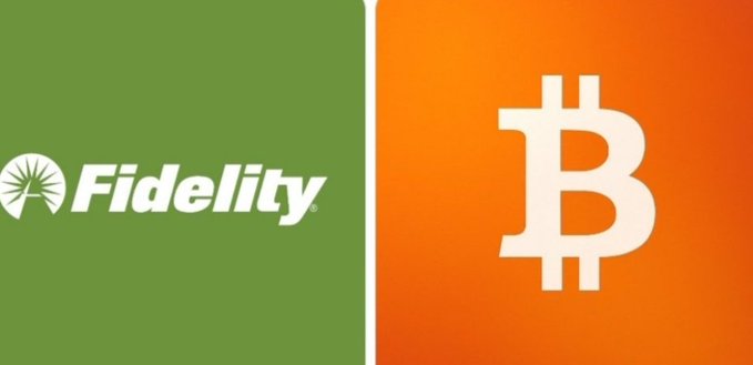 The image is split into two halves: a green panel on the left featuring the Fidelity logo, and an orange panel on the right displaying the Bitcoin symbol, visually representing Fidelity's Bitcoin ETF inflows amid renewed institutional interest.