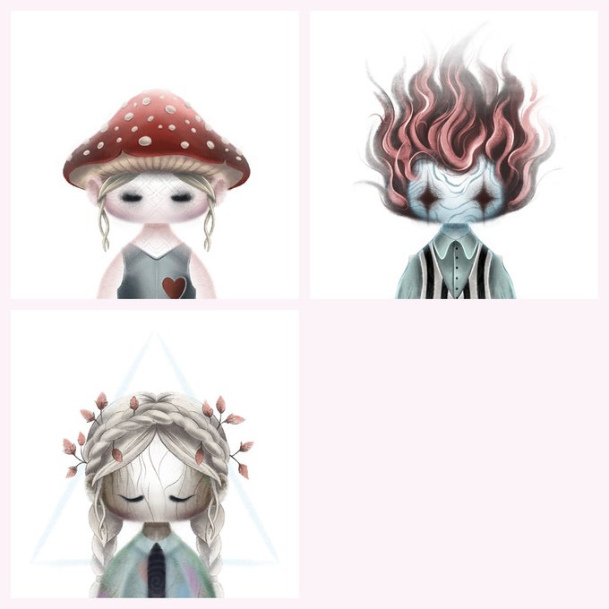 A grid displaying three hauntingly whimsical character illustrations—one with a large red mushroom cap, another with flowing flame-like hair, and a third with braided hair adorned with leaves—representing a newly adopted family of three PYO (Prove Your Ownership) NFTs acquired for 0.2774 ETH.