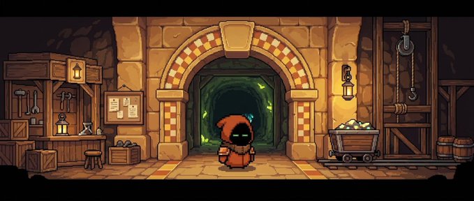 A pixel art game scene featuring a small hooded character in a red cloak standing in a stone mine entrance, with a minecart of gold coins to the right and a workshop area to the left.