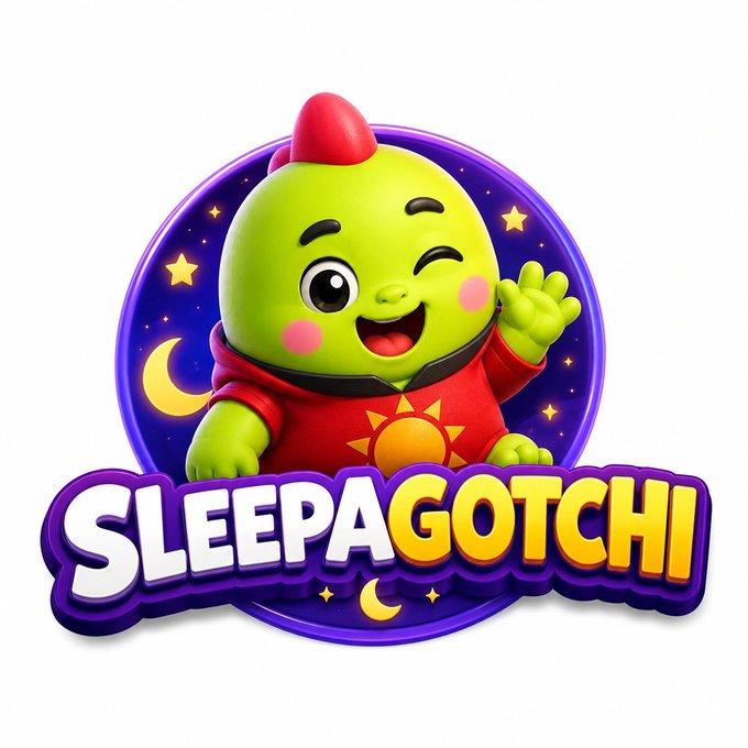 A colorful logo for 'SLEEPAGOTCHI' featuring a winking green alien-like character in a red hoodie with a sun emblem, set against a purple starry circle background with a crescent moon.