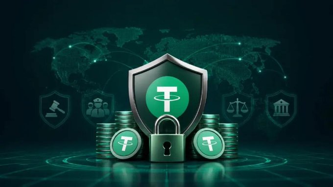 A metallic shield emblazoned with the Tether (₮) logo sits prominently in the center, secured by a padlock and surrounded by stacks of Tether coins, set against a dark backdrop featuring a world map and symbols of justice, government, and law—visually reinforcing the message of safeguarding users and combating financial crime.