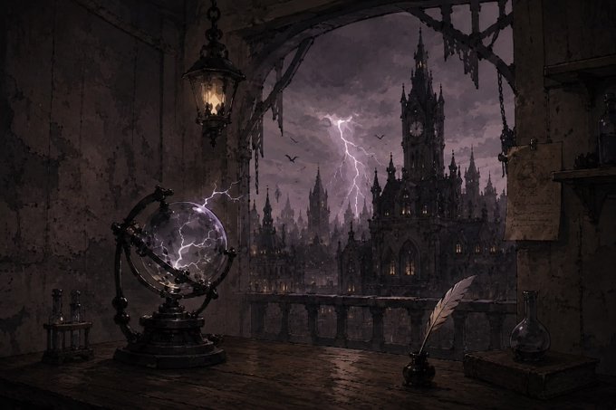 A gothic scene featuring a glowing orb containing lightning on a wooden table, with a stormy cityscape and cathedral spires visible through an arched window. A quill, inkwell, and scattered papers with faint writing complete the mystical, arcane atmosphere that evokes the enigmatic feeling of announcing NFT contest winners.