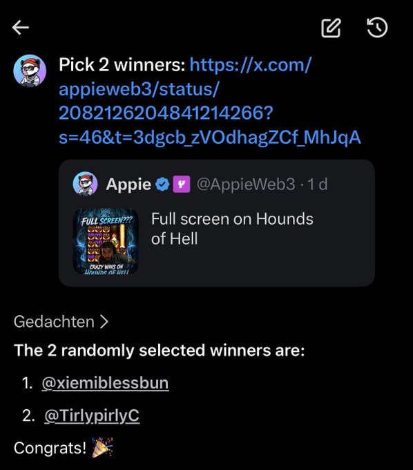 A Twitter/X notification from @AppieWeb3 announces 2 randomly selected winners (@xiemiblessbun and @TirlypirlyC) for a "Full screen on Hounds of Hell" giveaway.