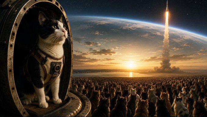 A surreal digital artwork featuring a tuxedo cat in a spacesuit looking out of a spacecraft portal, while a massive crowd of cats watches a rocket launch over a coastal landscape at sunset.