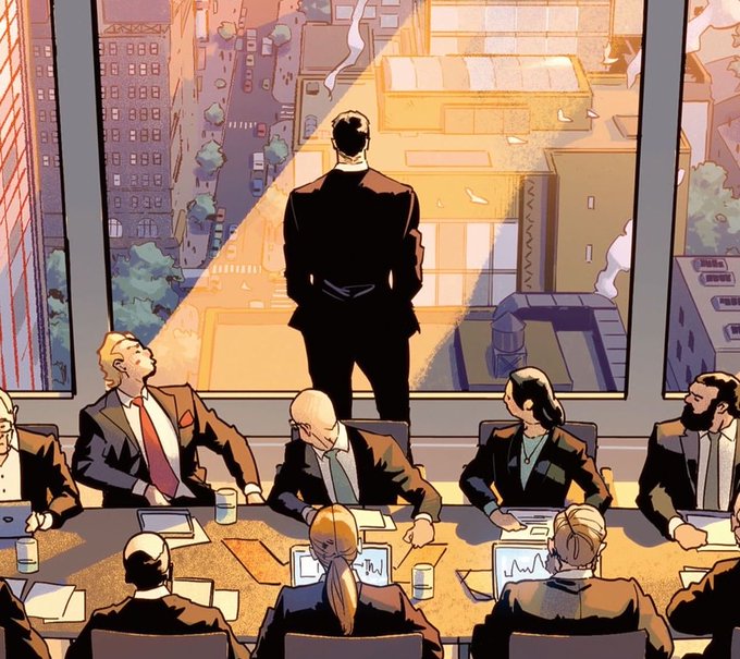 The image shows a boardroom scene where a silhouetted figure stands before a massive window overlooking a city skyline, while executives in suits sit around a conference table reviewing charts and documents. The triumphant "we're so back" caption reflects the image's depiction of corporate leadership rallying together with renewed optimism and ambition after a downturn.
