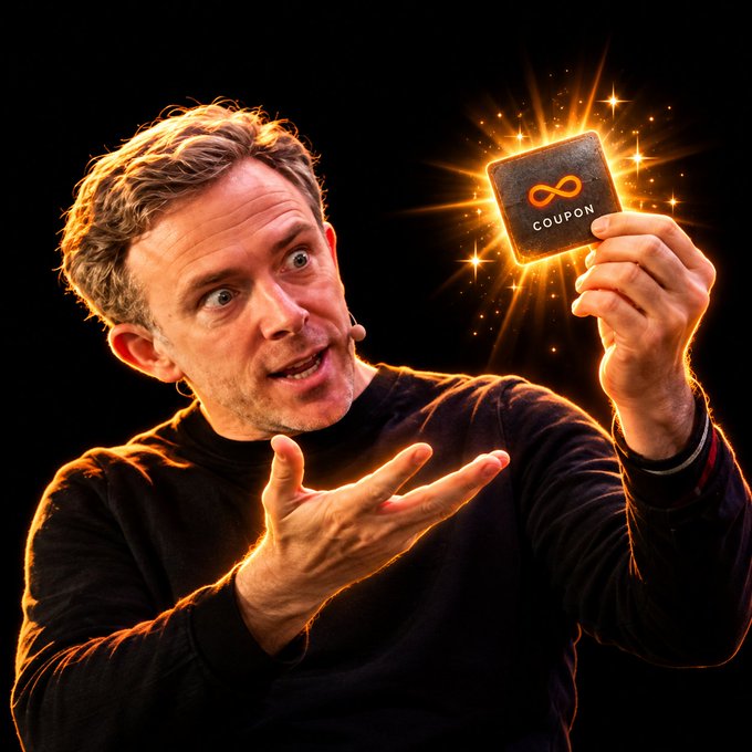 A man in a black sweater holds up a glowing square card labeled 'COUPON' with an infinity symbol, against a black background.