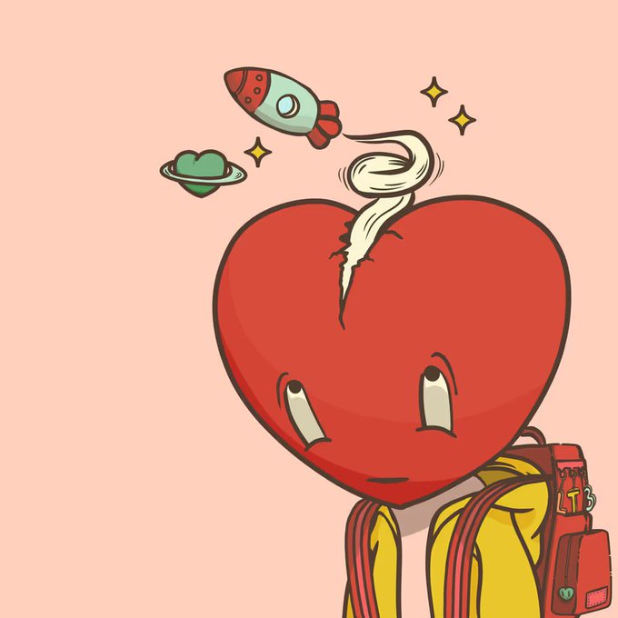 An illustration of a heart-shaped character with a cracked top from which a smoke trail emerges, accompanied by a small rocket, a planet, and stars; the character wears a yellow jacket and red backpack against a peach background.