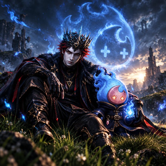 A dark-haired, crowned figure in gothic attire sits beside a small blue flame-wreathed creature with a pink moon-shaped face marked with two plus signs, while a large glowing blue crest of crossed crescent shapes and plus signs radiates behind them. The image's mystical, regal aesthetic and the prominent "+ +" symbols on both the creature and the background crest visually echo the post's theme of valuation gaps, suggesting a secretive or coded "value-add" framing consistent with the NFT campaign's restrictions on stating specific dollar figures.