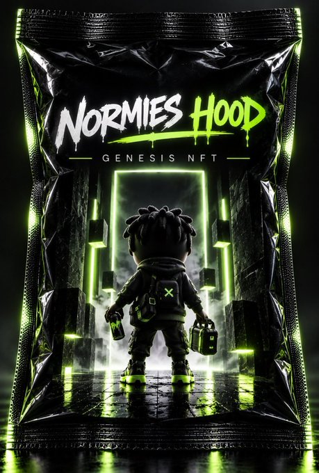 Promotional artwork for 'NORMIES HOOD GENESIS NFT' showing a cartoon character with dreadlocks holding a briefcase, standing in a neon-green lit doorway.
