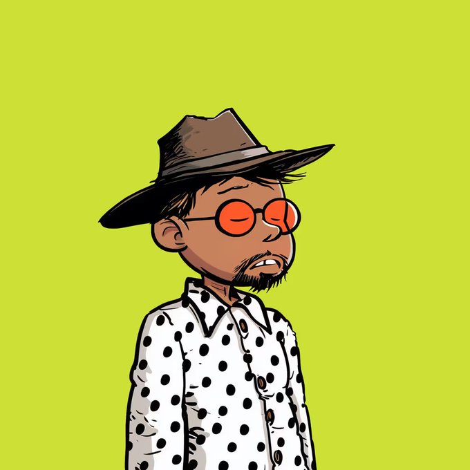 A cartoon illustration of a man with a goatee wearing a brown cowboy hat, orange round sunglasses, and a white shirt with black polka dots against a bright green background.