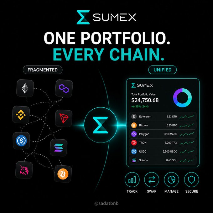 A Sumex promotional graphic contrasts "Fragmented" crypto holdings across multiple chain logos (Ethereum, Polygon, TRON, Solana, Bitcoin, USDC) with a "Unified" portfolio dashboard showing a total value of $24,750.68 (+6.35% in 24H) and individual balances like 5.23 ETH, 0.35 BTC, 1,250 MATIC, and 3,200 TRX, highlighting features to Track, Swap, Manage, and Secure assets. The image visually reinforces the post's message about the challenges of managing scattered crypto assets across multiple wallets and chains by promoting Sumex as the solution that brings everything into one unified portfolio.