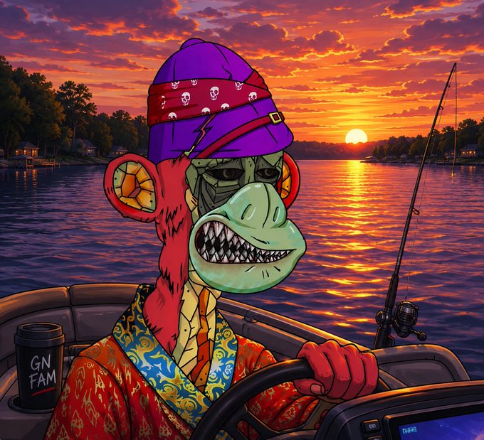 A vibrant digital illustration of a red monkey wearing a purple bandana with skull patterns and a colorful Hawaiian shirt, driving a boat at sunset on a lake with a fishing rod and a cup labeled 'GN FAM'.