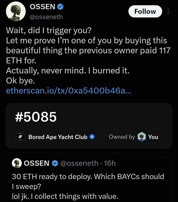 A screenshot of an X (Twitter) post by user OSSEN (@osseneth) saying 'Wait, did I trigger you?' followed by them claiming to have burned Bored Ape Yacht Club #5085 that they bought for 117 ETH, with a second post joking about sweeping BAYCs.