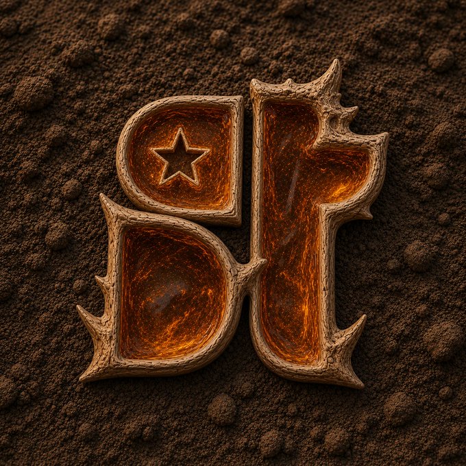 A stylized 3D rendering of the letters 'aj' featuring a glowing orange interior with a star symbol, set against a dark, soil-like textured background.