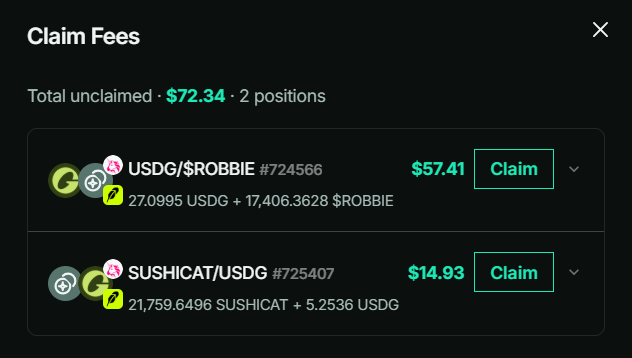 DeFi 'Claim Fees' modal showing total unclaimed $72.34 across 2 positions: USDG/$ROBBIE (#724566) worth $57.41 and SUSHICAT/USDG (#725407) worth $14.93, each with a Claim button.