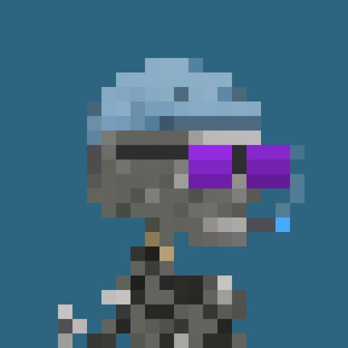 A pixel art illustration of a character wearing a blue cap, gray helmet with purple visor, and dark clothing, set against a solid blue background.