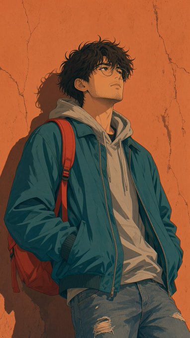 An anime-style illustration shows a young man with dark hair and glasses wearing a teal jacket over a gray hoodie and carrying a red backpack, posed against an orange cracked wall.