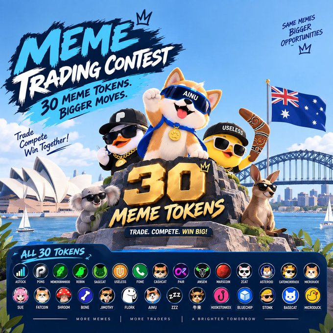 Vibrant promotional poster for a 'Meme Trading Contest' featuring 30 meme tokens, displaying various animal mascots in sunglasses atop a rock formation with the Sydney Opera House and Harbour Bridge in the background.