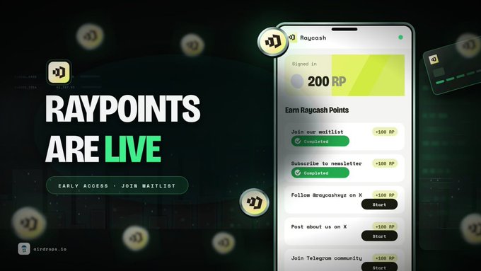 A promotional graphic for 'RAYPOINTS ARE LIVE' showing a smartphone interface for 'Raycash' with 200 RP and options to join waitlist, subscribe to newsletter, follow on X, post about on X, and join Telegram community, all worth +100 RP each, with 'airdrops.io' at the bottom.