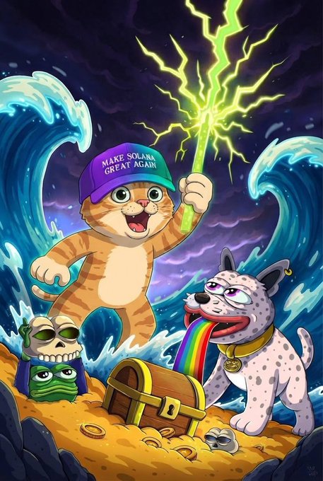 A colorful cartoon illustration featuring an orange cat wearing a "MAKE SOLANA GREAT AGAIN" hat wielding green lightning, a dog vomiting a rainbow, a skeleton, a Pepe frog character, and a treasure chest on a beach.