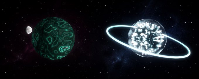 Space scene showing a teal planet with swirling patterns and a small moon, alongside a translucent sphere containing glowing particles encircled by a bright ring.
