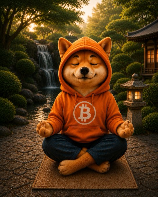 A Shiba Inu dog wearing an orange Bitcoin hoodie meditates in a lotus position in a serene Japanese garden setting with a waterfall and stone lantern.