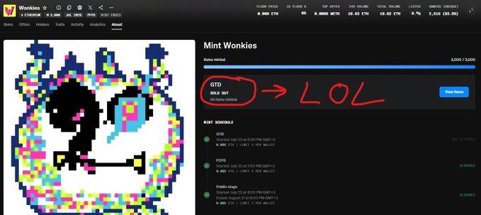 A screenshot of a Wonkies NFT minting webpage showing a pixelated panda-style character, with a red circle and arrow drawn around the 'GTD' status pointing to 'LOL'.